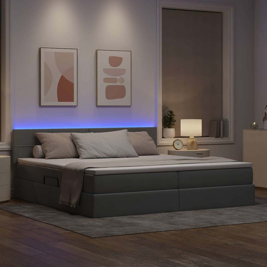 Bed met LED -striplichten Lichtgrijs 200 x 200 cm Stof