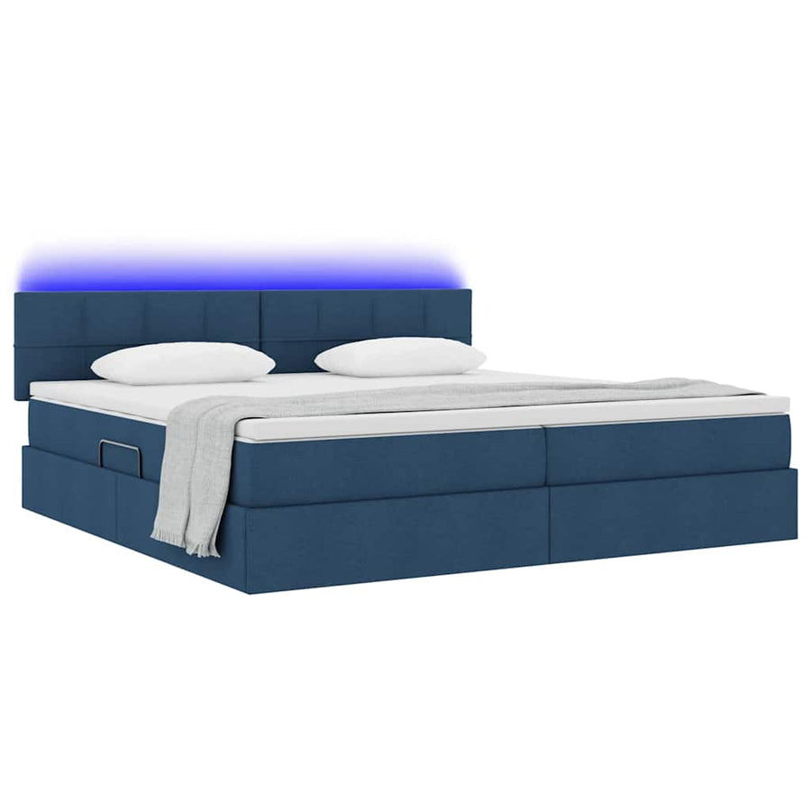 Bed met LED -striplichten met opslag Blauw 200 x 200 cm Stof