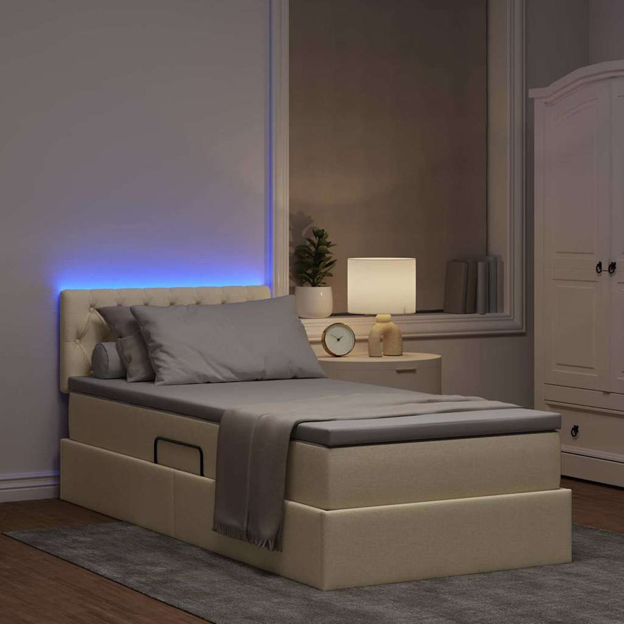 Opbergbed met LED met matras met LED Crème 90 x 190 cm Stof