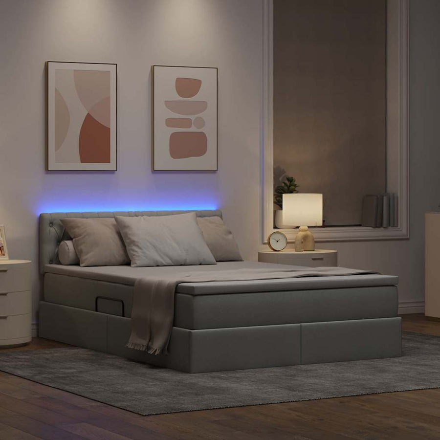 Bed met LED -striplichten Lichtgrijs 140 x 200 cm Stof