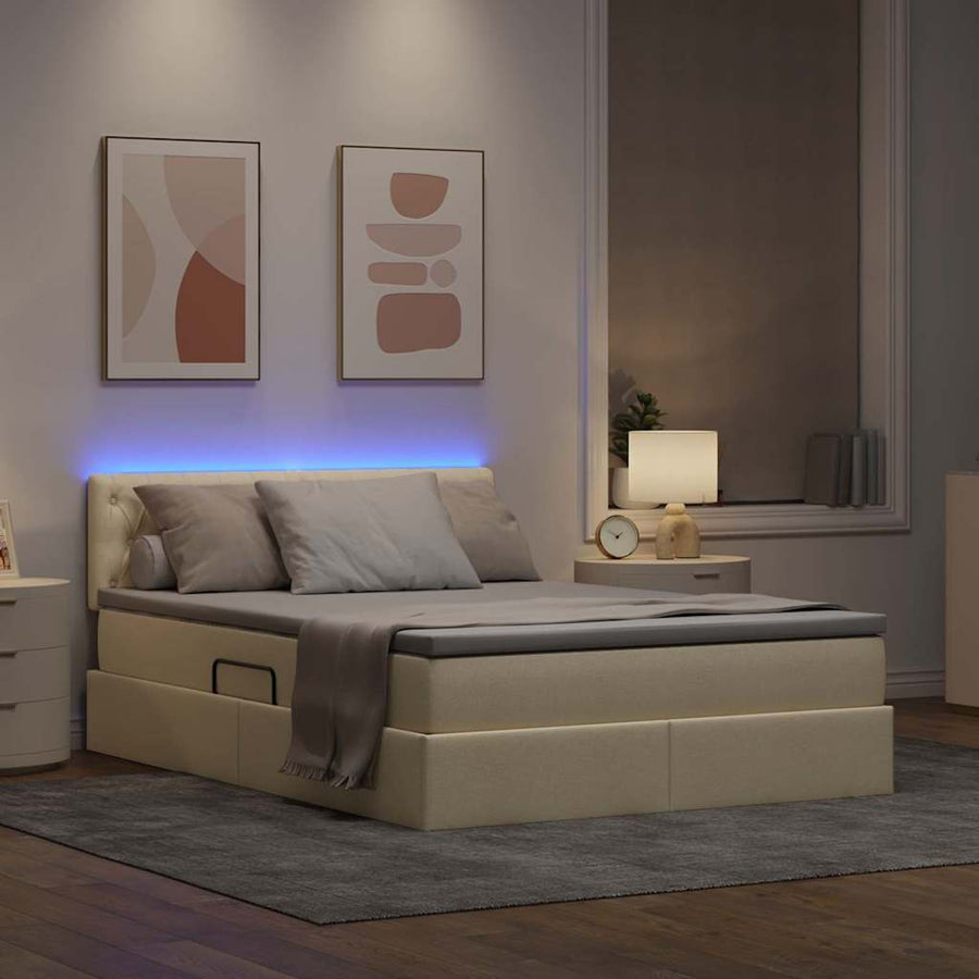 Bed met LED -striplichten met opslag Crème 140 x 200 cm Stof