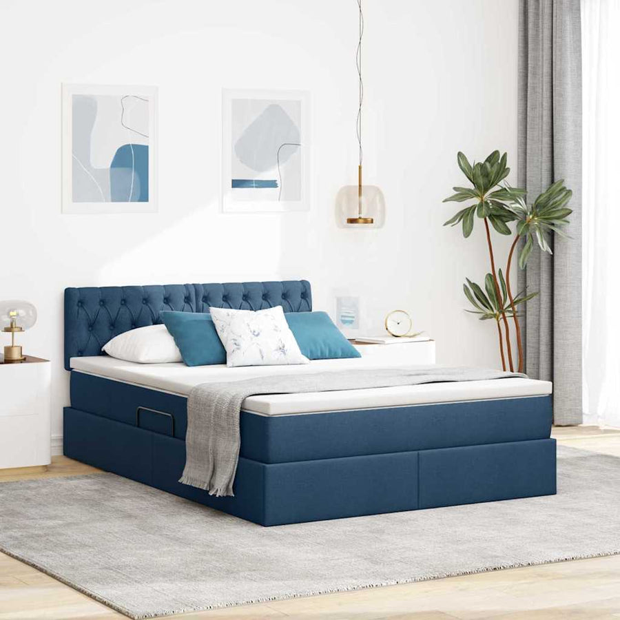 Bed met LED -striplichten met opslag Blauw 140 x 200 cm Stof