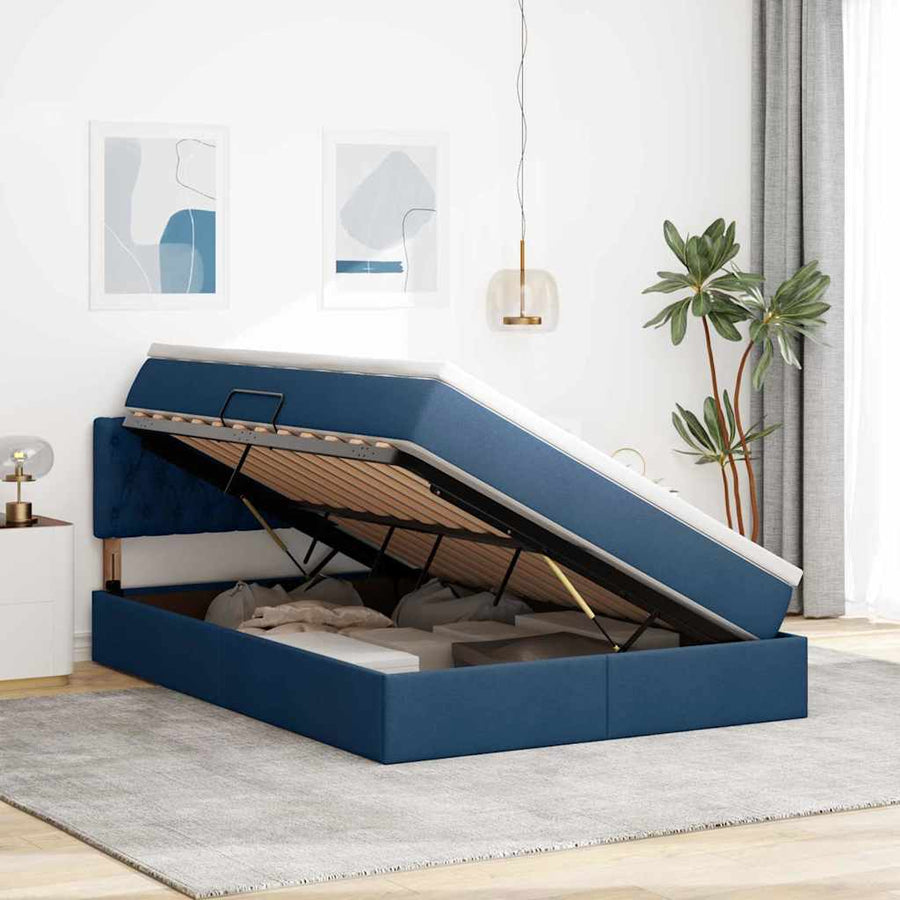 Bed met LED -striplichten met opslag Blauw 140 x 200 cm Stof