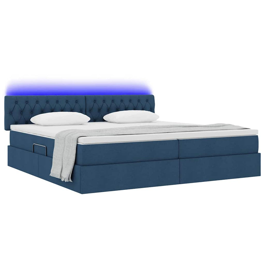 Bed met LED -striplichten met opslag Blauw 200 x 200 cm Stof