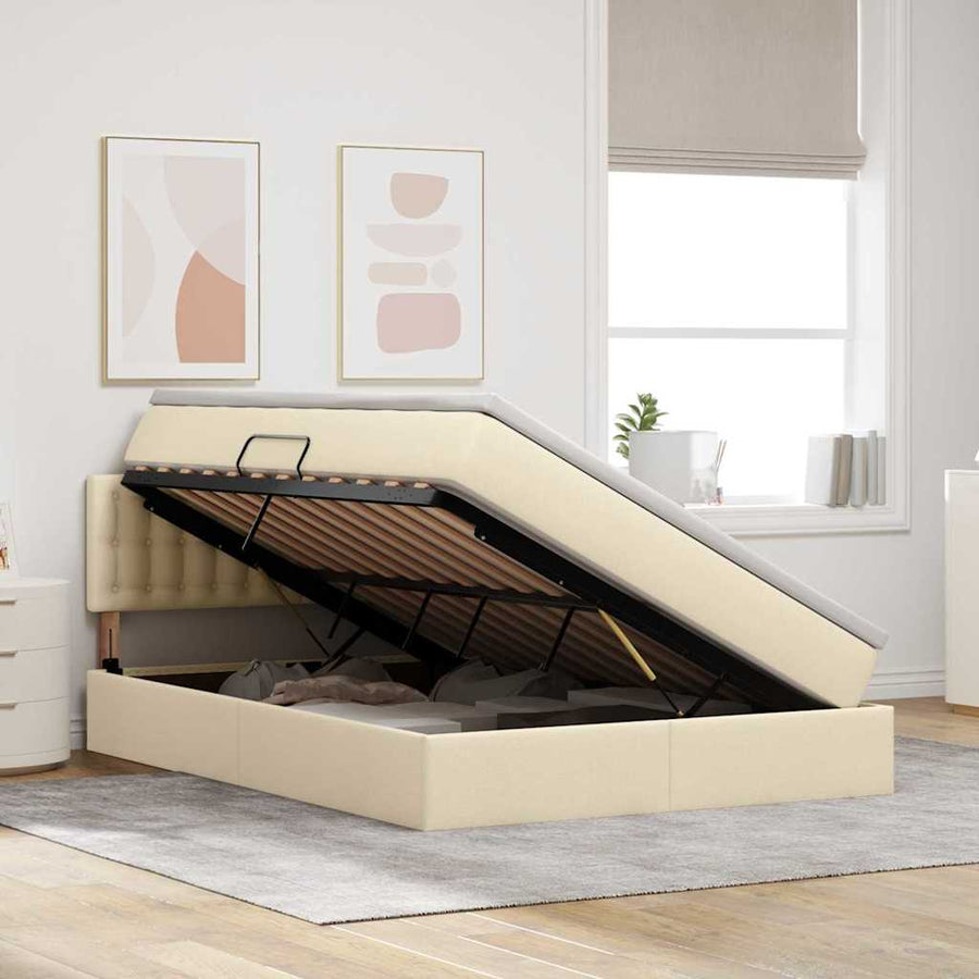 Bed met LED -striplichten met opslag Crème 140 x 190 cm Stof