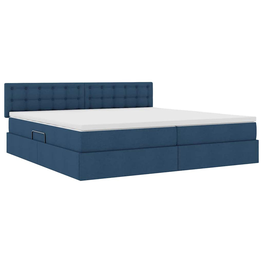Bed met LED -striplichten met opslag Blauw 200 x 200 cm Stof
