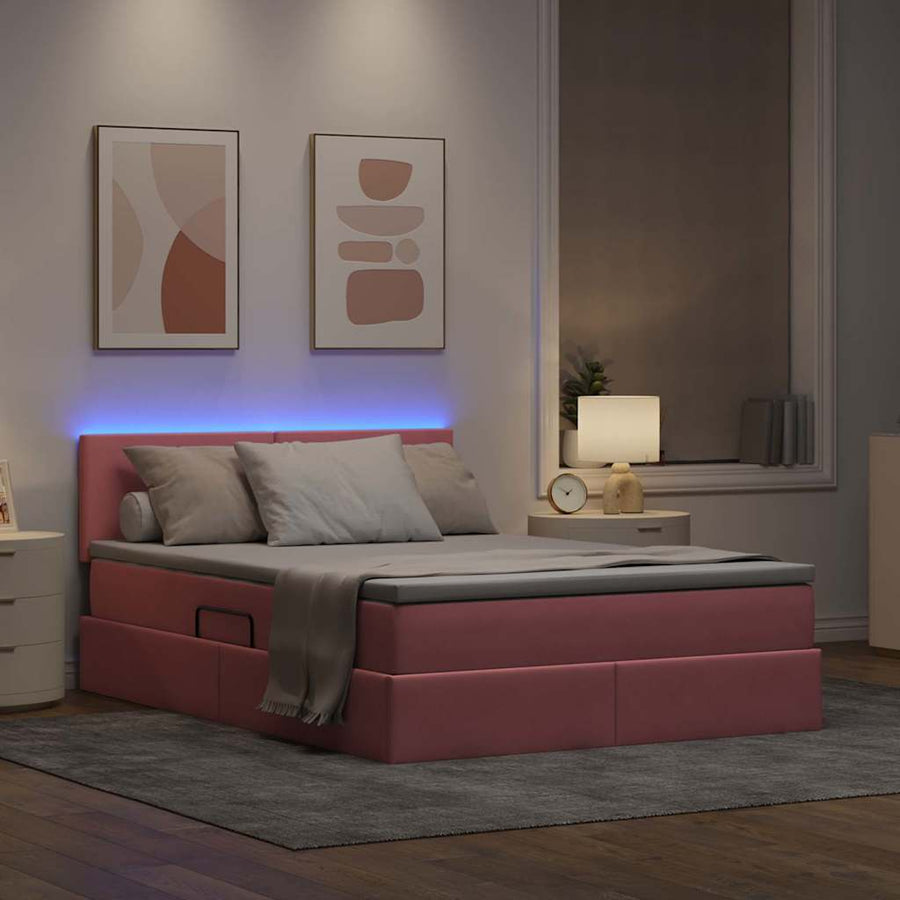Bed met LED -striplichten met opslag Roze 140 x 190 cm Fluweel