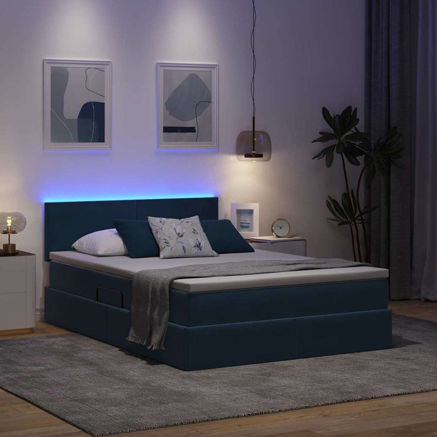Bed met LED -striplichten Donkerblauw 140 x 200 cm Fluweel