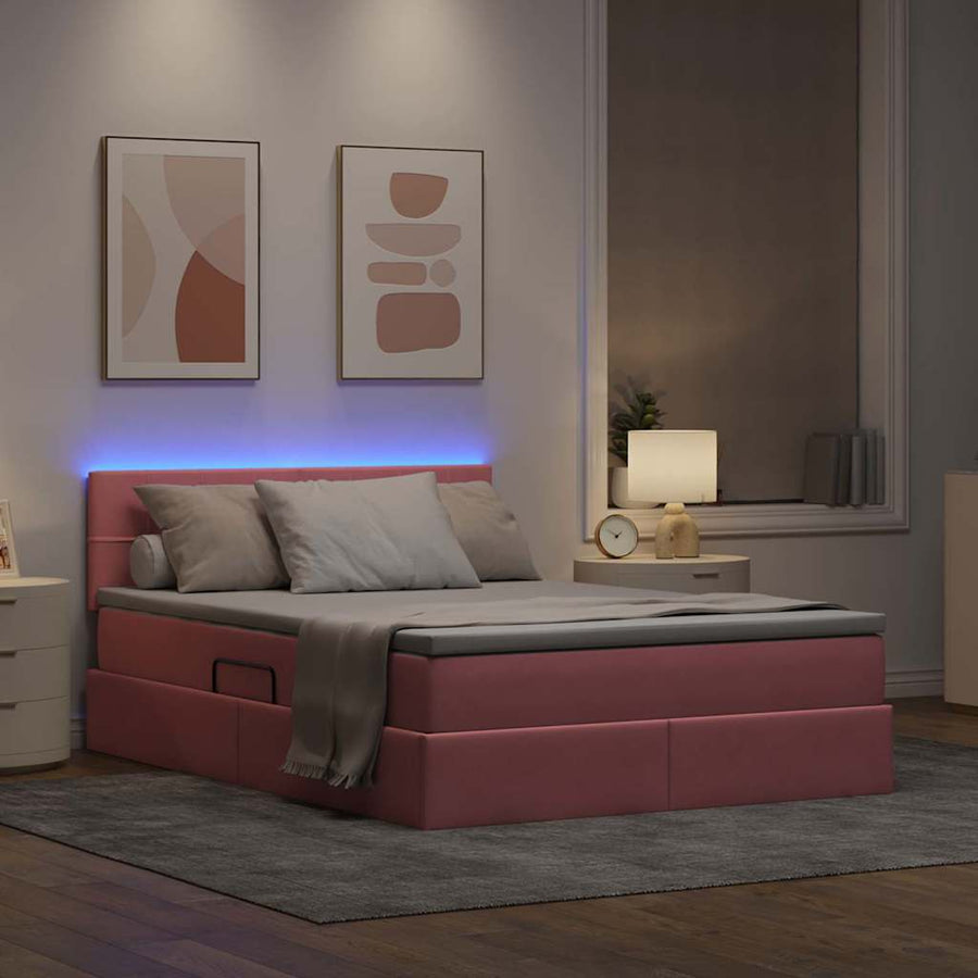 Bed met LED -striplichten met opslag Roze 140 x 200 cm Fluweel