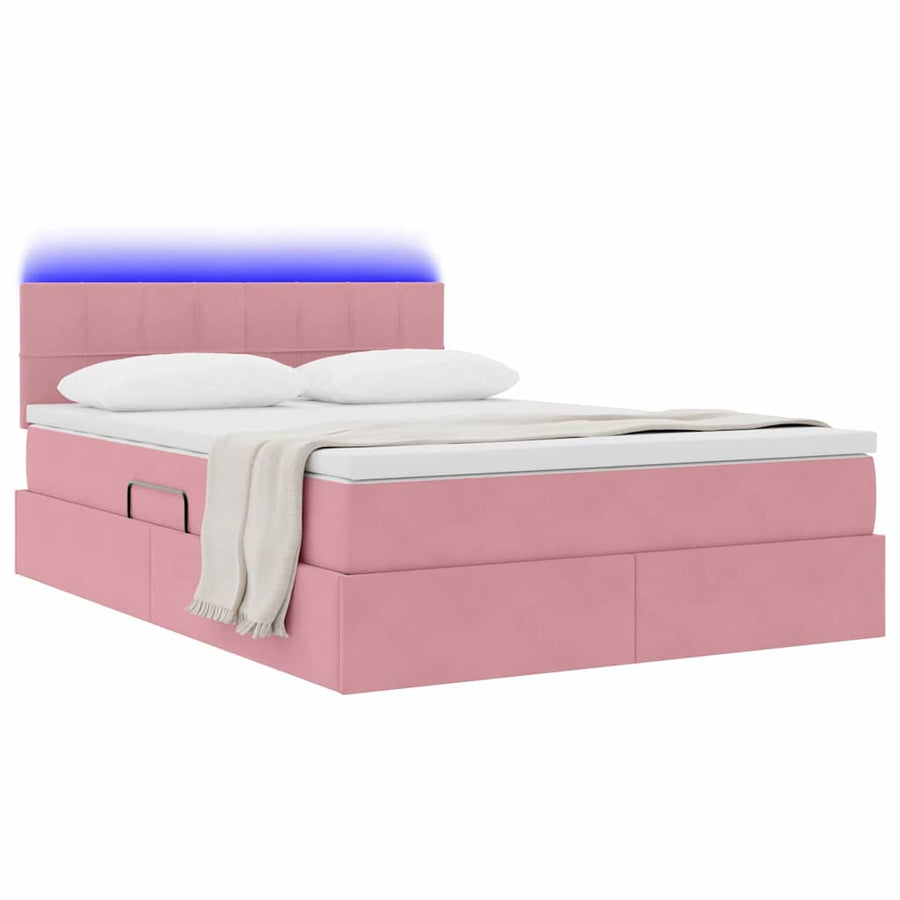 Bed met LED -striplichten met opslag Roze 140 x 200 cm Fluweel