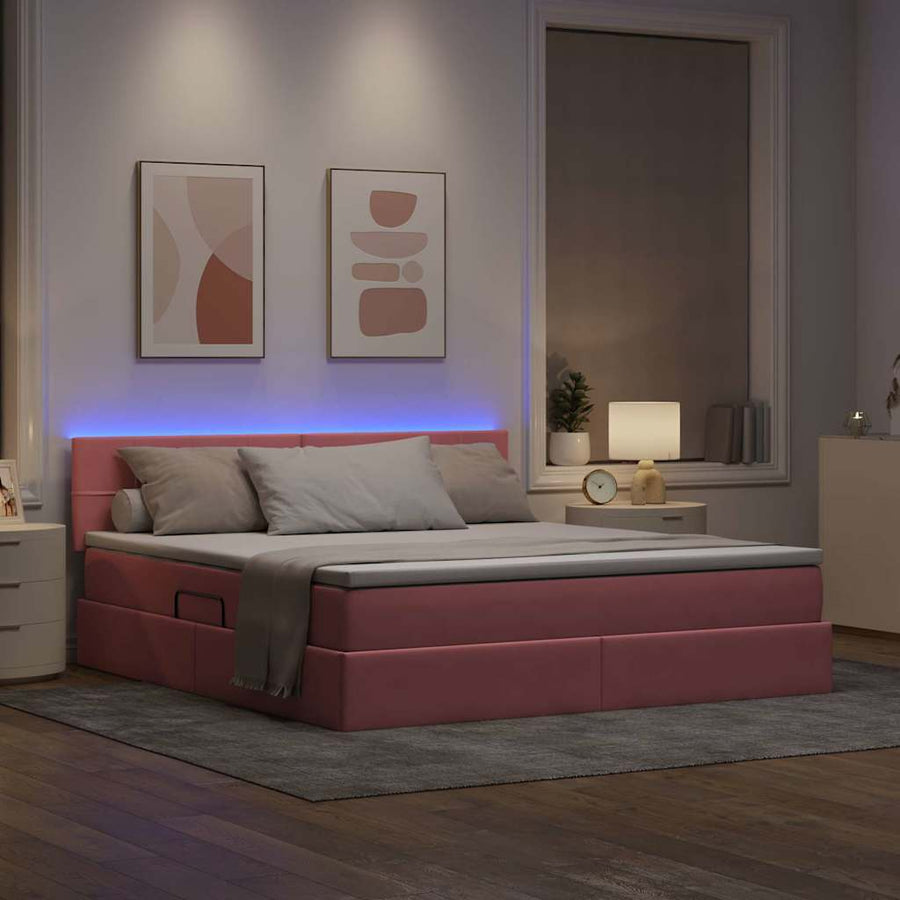 Bed met LED -striplichten met opslag Roze 160 x 200 cm Fluweel