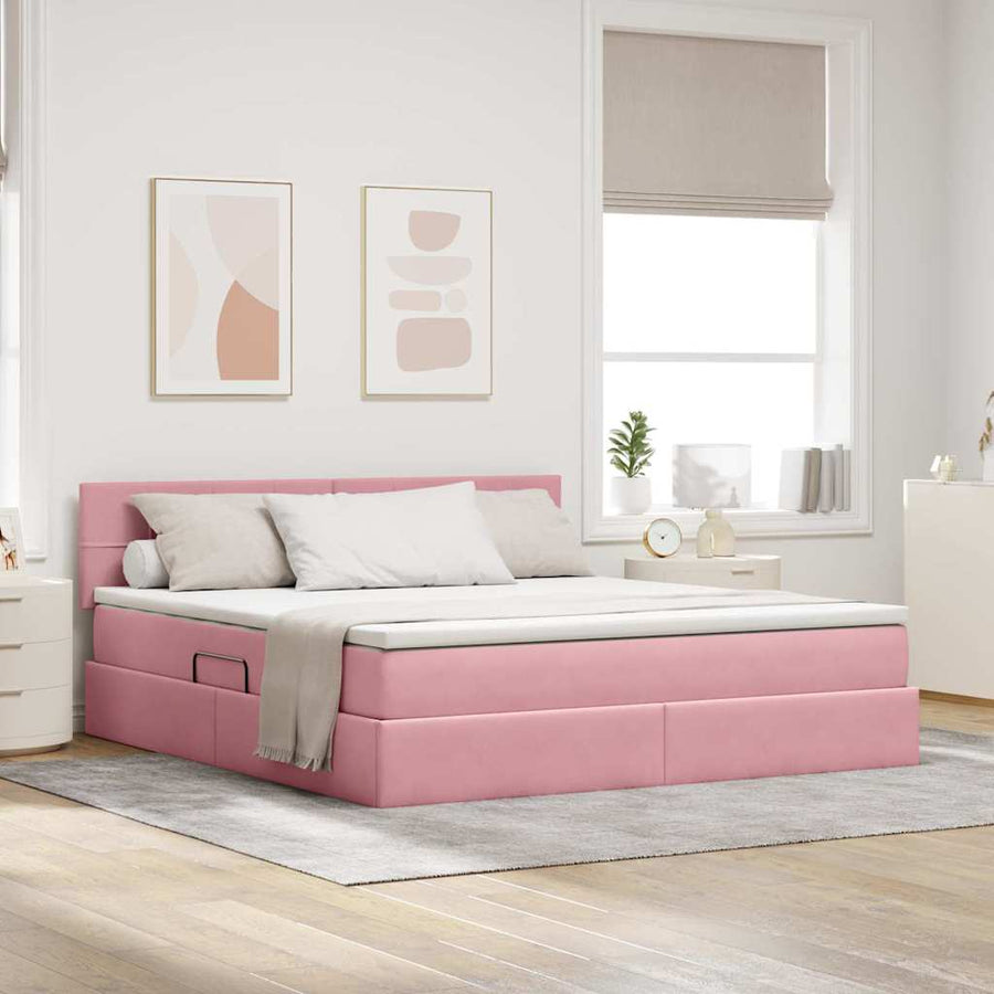 Bed met LED -striplichten met opslag Roze 160 x 200 cm Fluweel