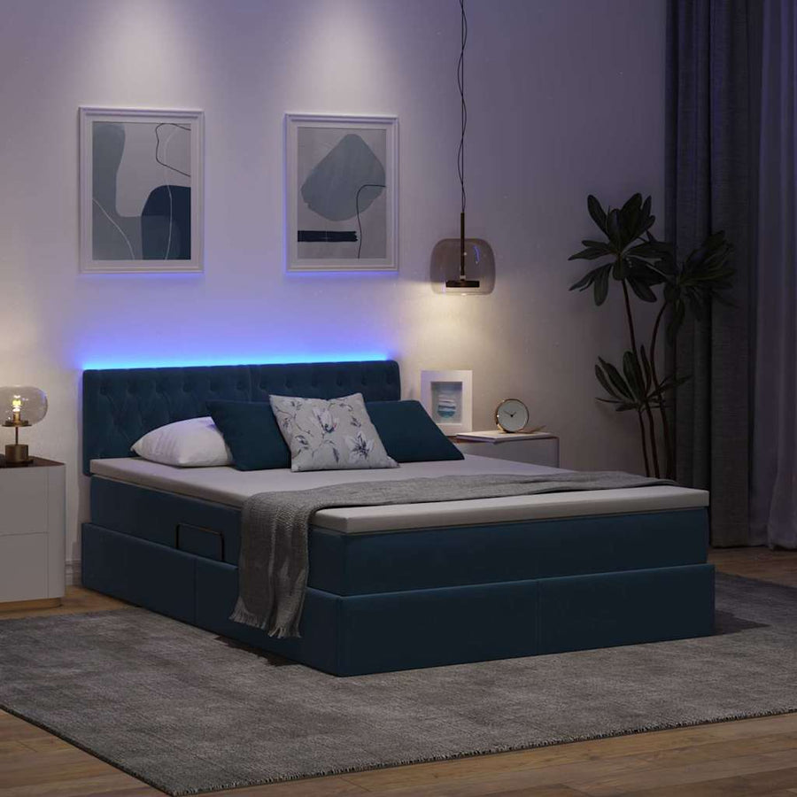 Bed met LED -striplichten Donkerblauw 140 x 200 cm Fluweel