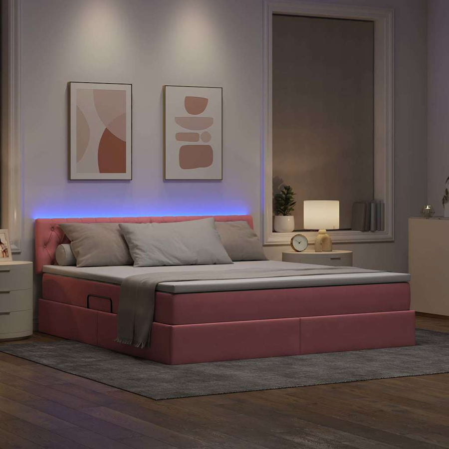 Bed met LED -striplichten met opslag Roze 160 x 200 cm Fluweel