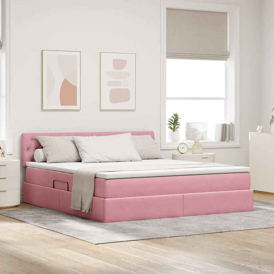 Bed met LED -striplichten met opslag Roze 160 x 200 cm Fluweel