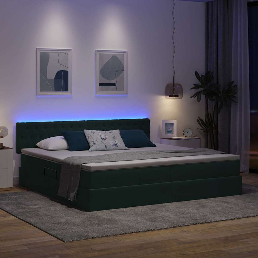 Opbergbed met LED met matras Donkergroen 200 x 200 cm Fluweel