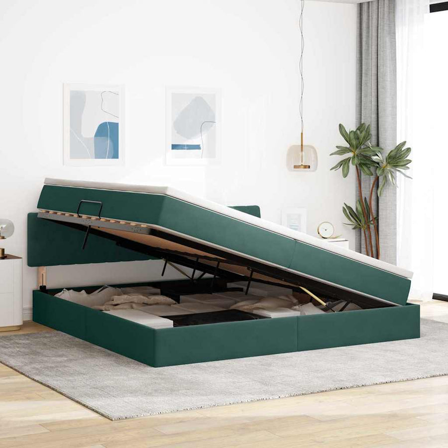 Opbergbed met LED met matras Donkergroen 200 x 200 cm Fluweel