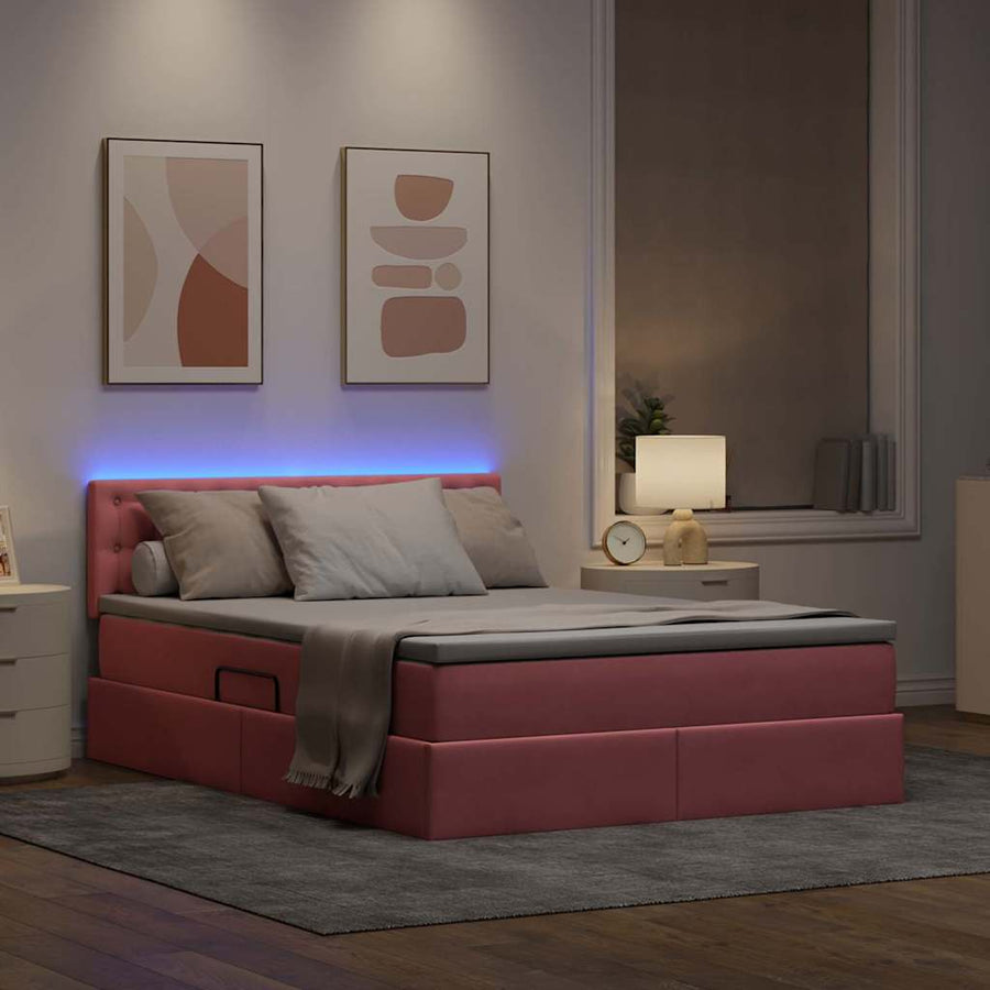 Bed met LED -striplichten met opslag Roze 140 x 190 cm Fluweel