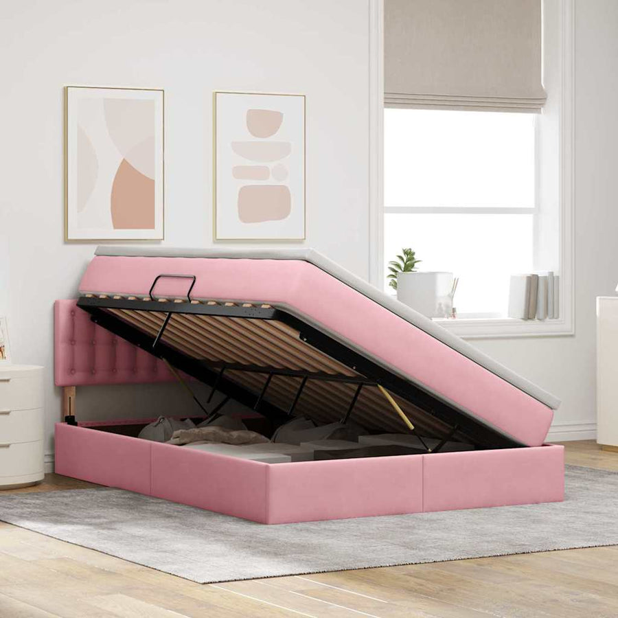 Bed met LED -striplichten met opslag Roze 140 x 190 cm Fluweel