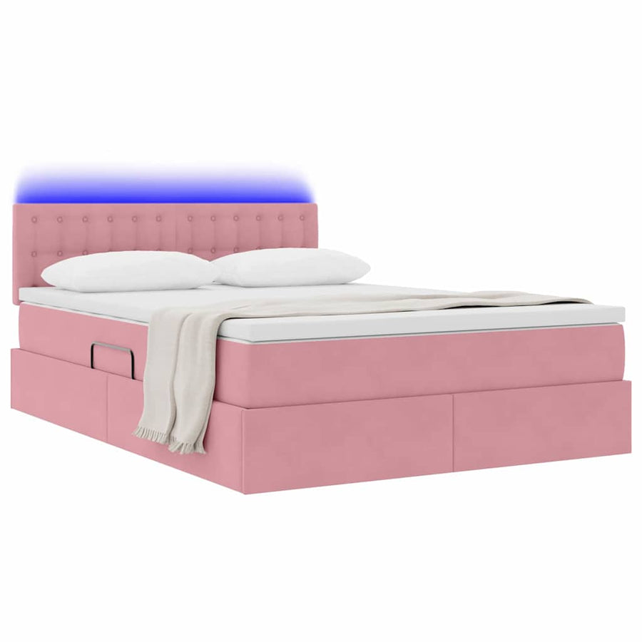 Bed met LED -striplichten met opslag Roze 140 x 190 cm Fluweel