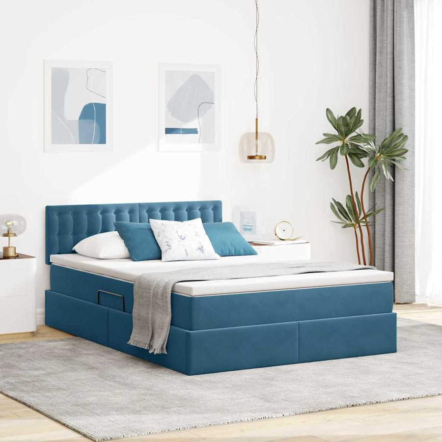 Bed met LED -striplichten Donkerblauw 140 x 200 cm Fluweel