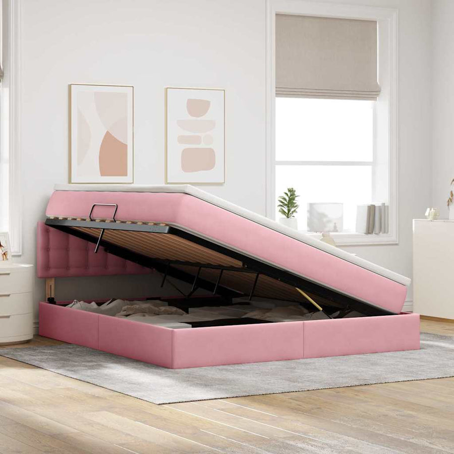 Bed met LED -striplichten met opslag Roze 180 x 200 cm Fluweel