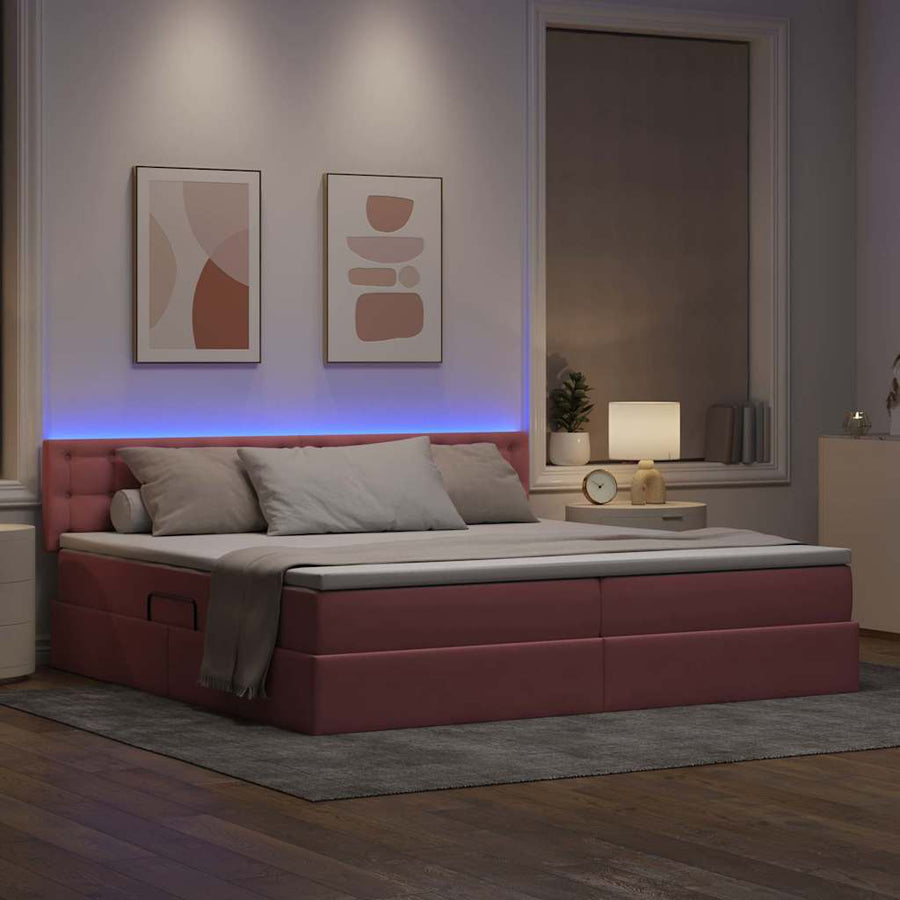 Bed met LED -striplichten met opslag Roze 200 x 200 cm Fluweel