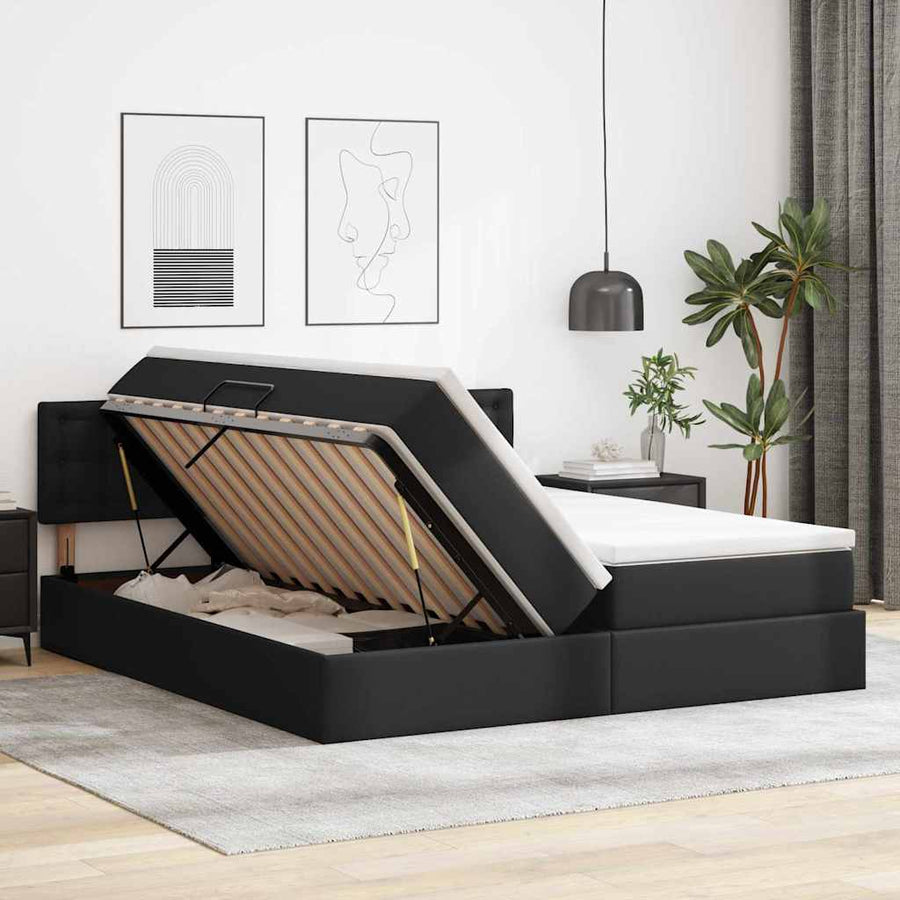 Opbergbed met LED met matras Zwart 180 x 200 cm Nep Leer