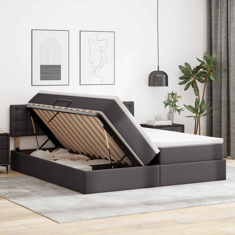 Opbergbed met LED met matras Grijs 180 x 200 cm Nep Leer