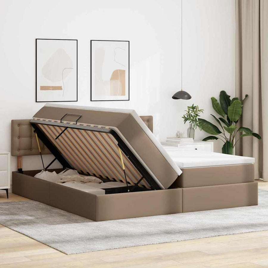 Opbergbed met LED met matras Cappuccino 180 x 200 cm Nep Leer