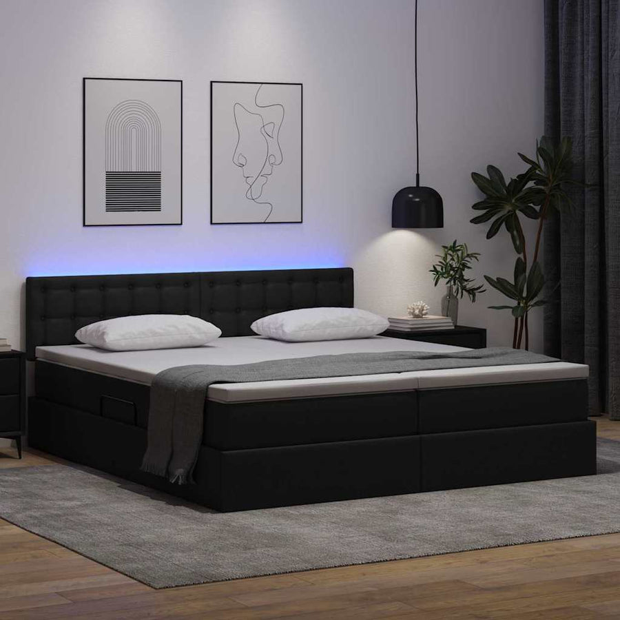 Opbergbed met LED met matras Zwart 200 x 200 cm Nep Leer