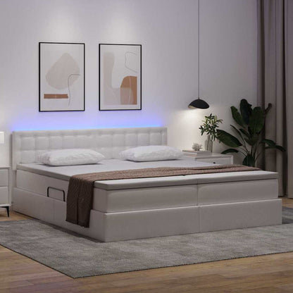 Opbergbed met LED met matras Puur Wit 200 x 200 cm Nep Leer