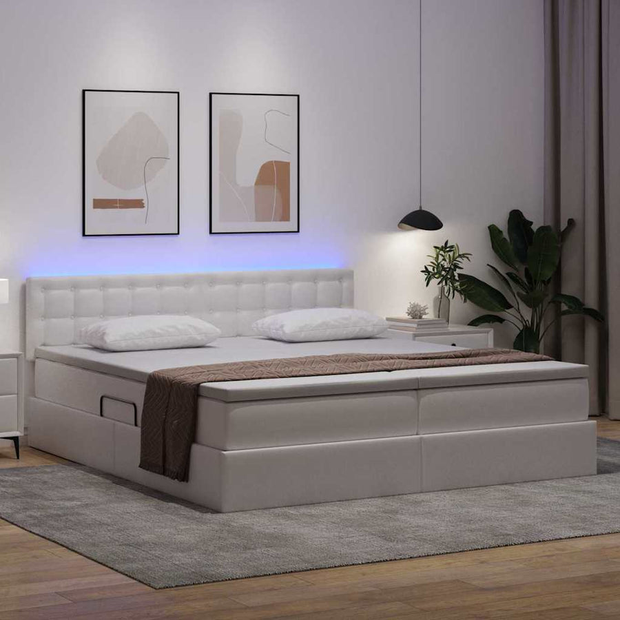 Opbergbed met LED met matras Puur Wit 200 x 200 cm Nep Leer