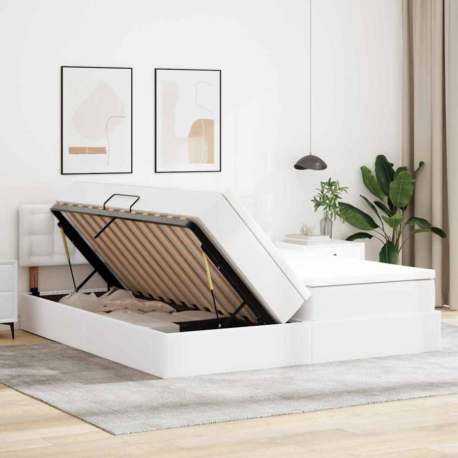 Opbergbed met LED met matras Puur Wit 200 x 200 cm Nep Leer