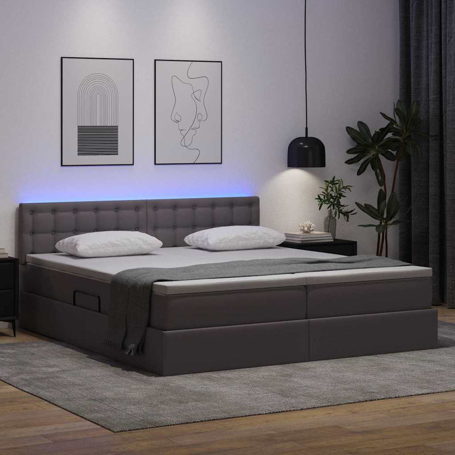 Opbergbed met LED met matras Grijs 200 x 200 cm Nep Leer