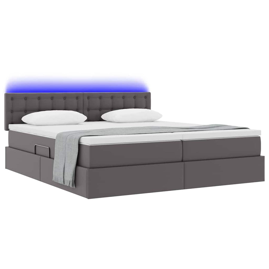 Opbergbed met LED met matras Grijs 200 x 200 cm Nep Leer