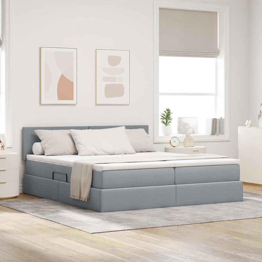 Bed met LED-striplichten Lichtgrijs 200 x 200 cm Stof