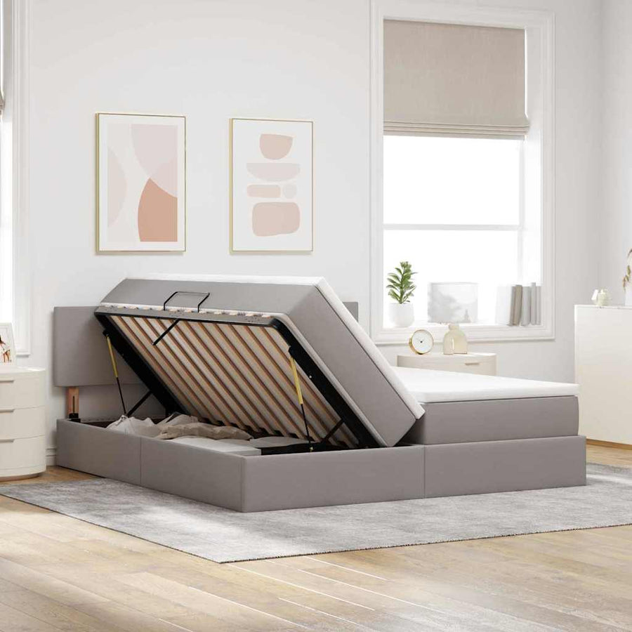 Bed met LED-striplichten met hoofdeinde Taupe 200 x 200 cm Stof