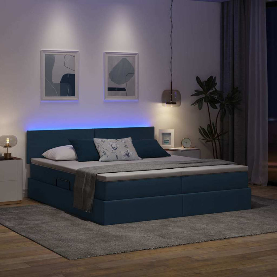 Bed met LED-striplichten met hoofdeinde Blauw 200 x 200 cm Stof