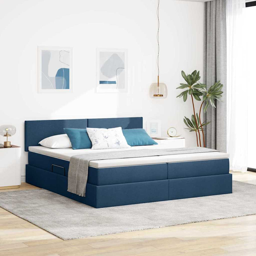 Bed met LED-striplichten met hoofdeinde Blauw 200 x 200 cm Stof