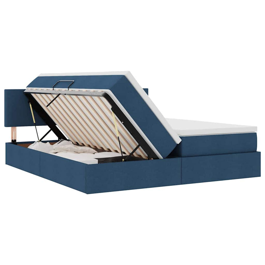 Bed met LED-striplichten met hoofdeinde Blauw 200 x 200 cm Stof
