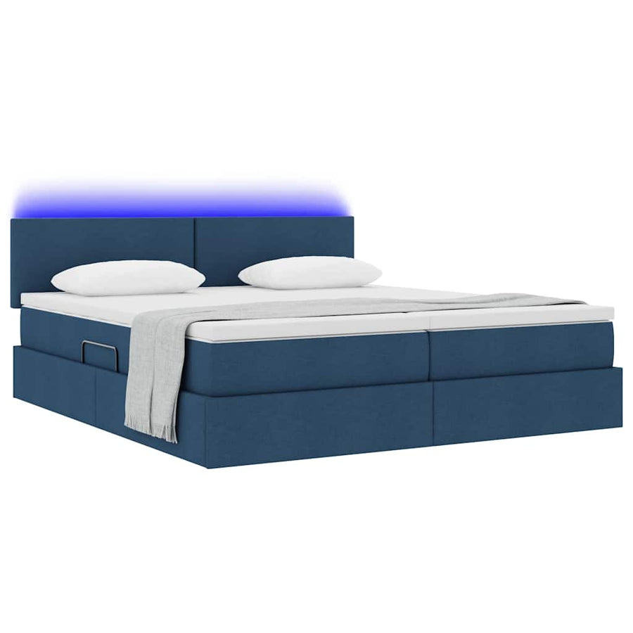 Bed met LED-striplichten met hoofdeinde Blauw 200 x 200 cm Stof