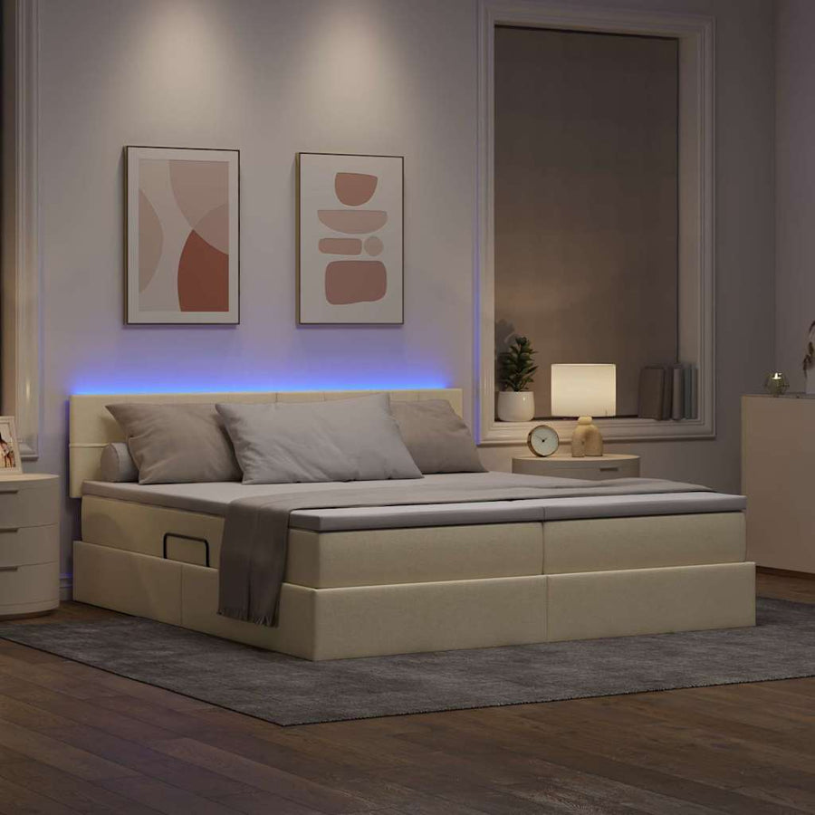 Bed met LED-striplichten met hoofdeinde Crème 200 x 200 cm Stof