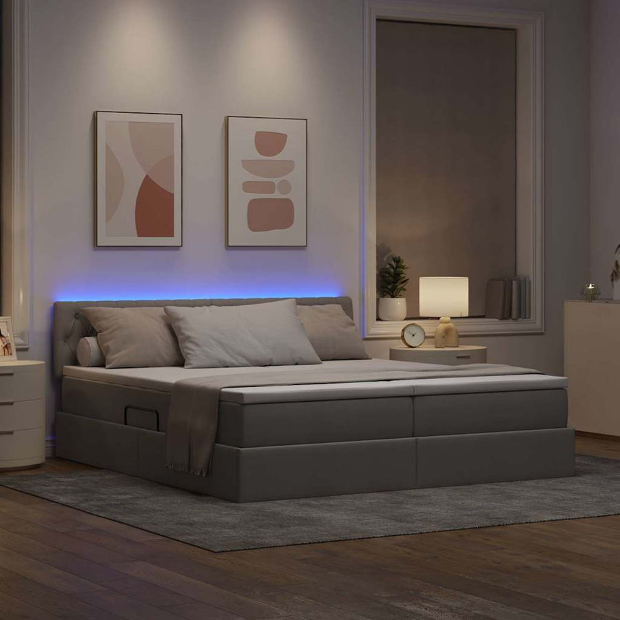Bed met LED-striplichten met hoofdeinde Taupe 200 x 200 cm Stof