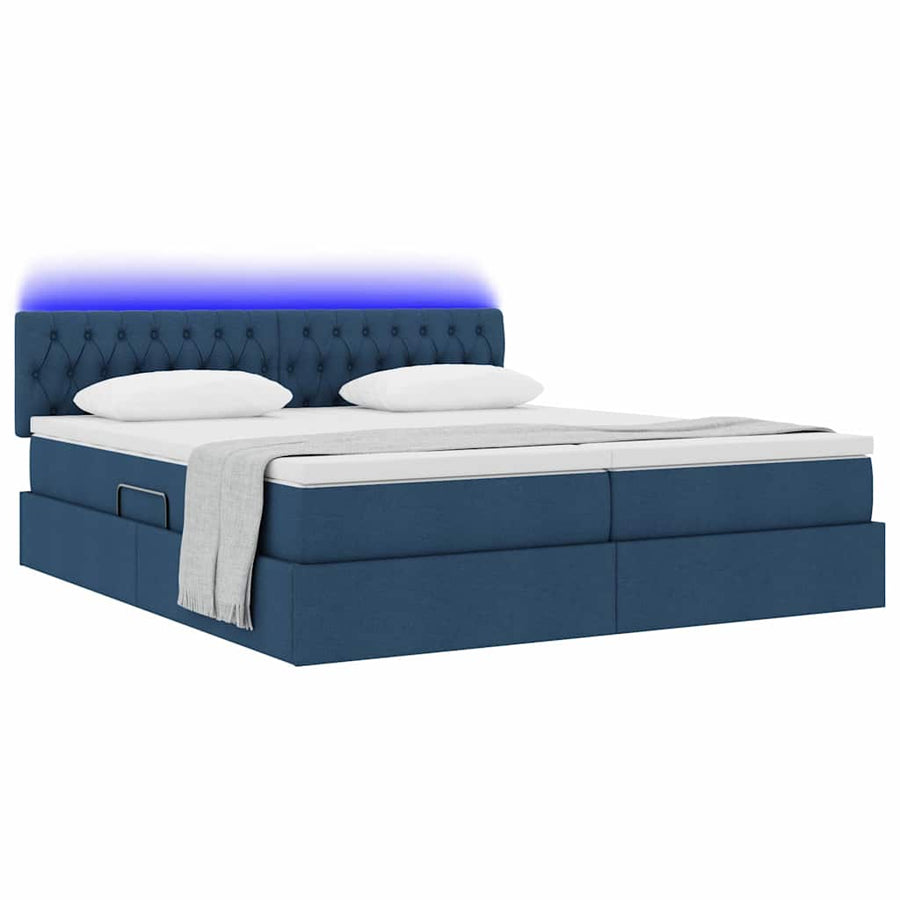 Bed met LED-striplichten met hoofdeinde Blauw 200 x 200 cm Stof