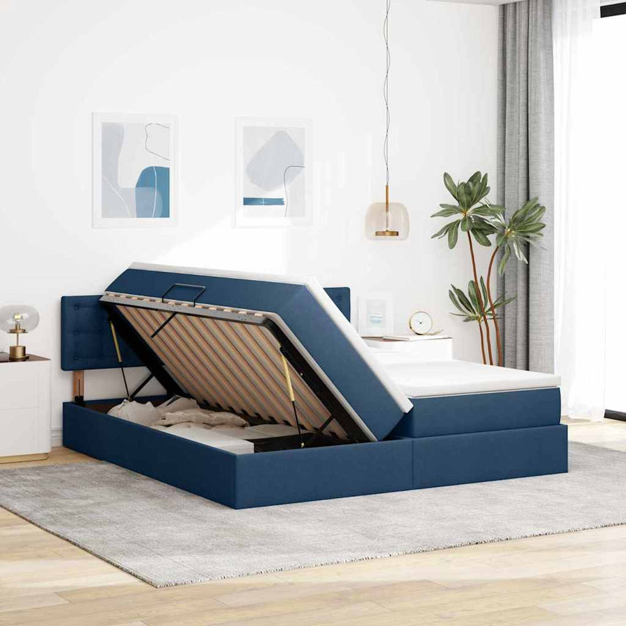 Bed met LED-striplichten met hoofdeinde Blauw 180 x 200 cm Stof