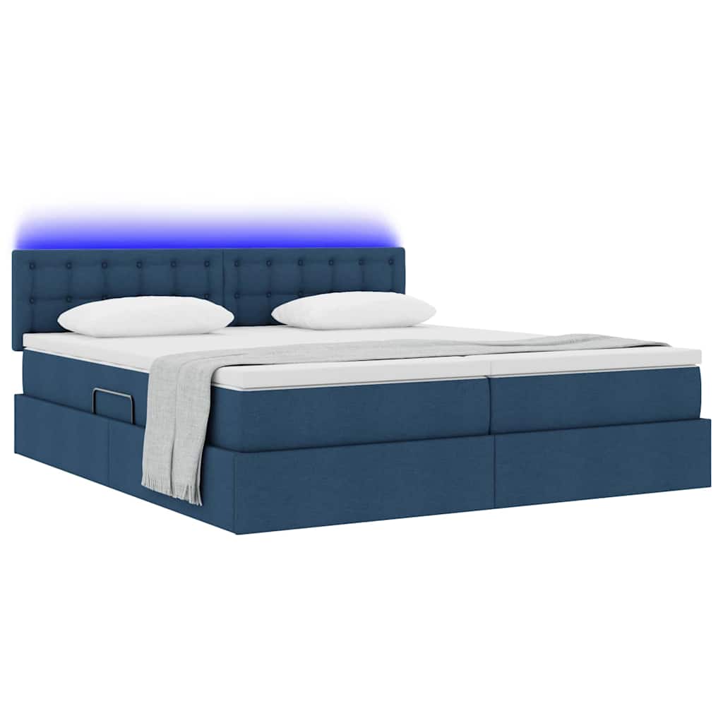 Bed met LED-striplichten met hoofdeinde Blauw 200 x 200 cm Stof