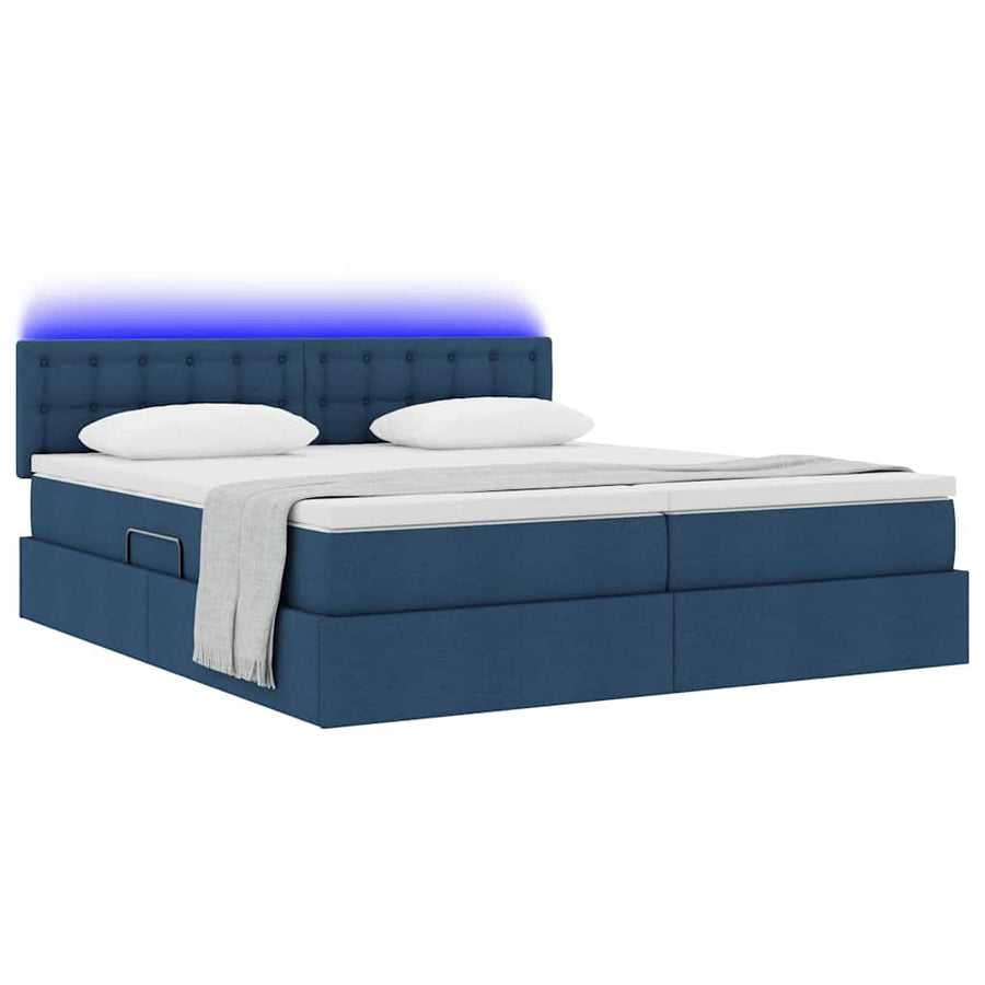 Bed met LED-striplichten met hoofdeinde Blauw 200 x 200 cm Stof
