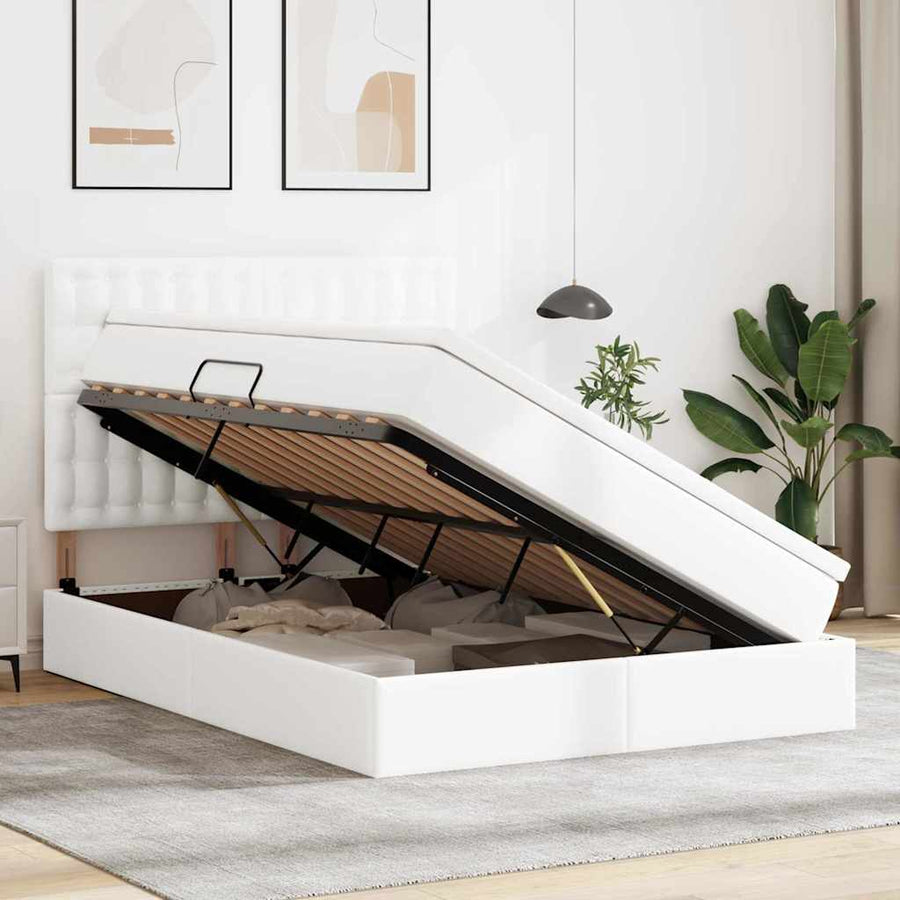 Opslag bed met matras met opslag Puur Wit 140 x 190 cm Nep Leer