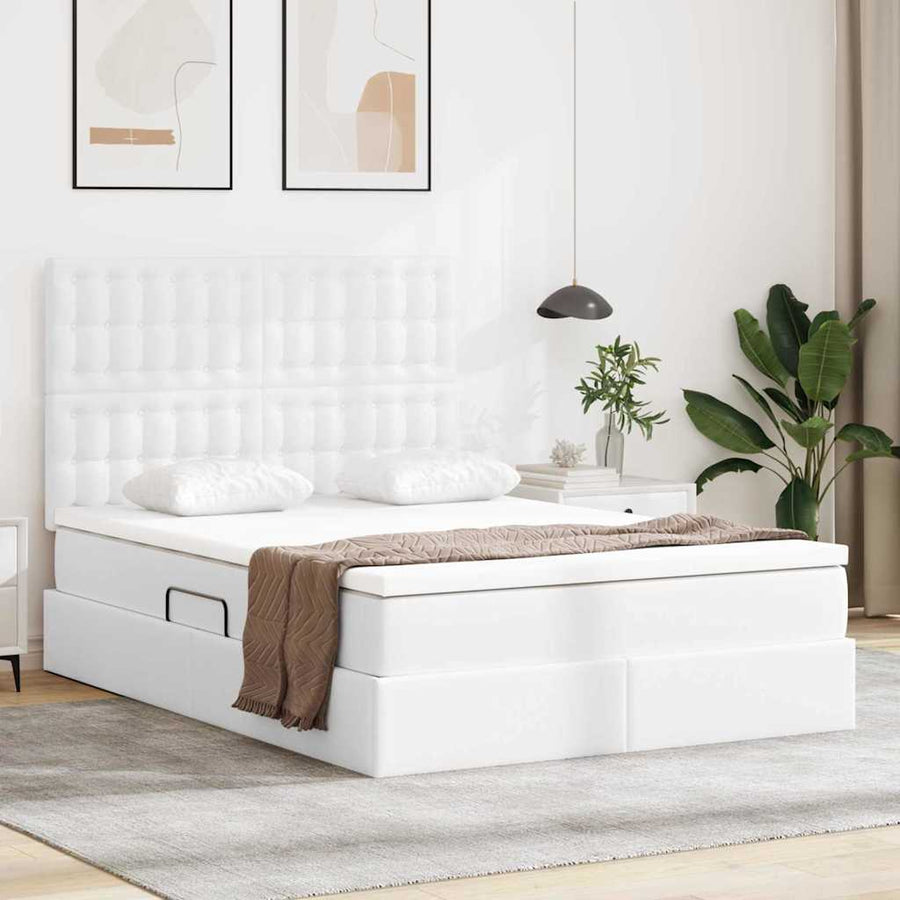 Opslag bed met matras met opslag Puur Wit 140 x 200 cm Nep Leer